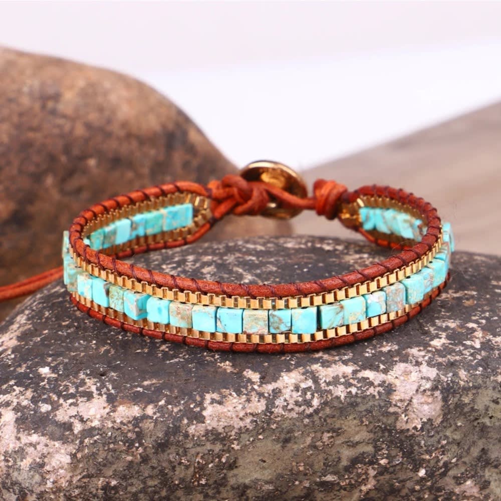 Natural Stone 4mm Square Emperor Stone Beaded Bracelet Hand Braided Venetian Chain Leather Bracelet for Men Women Gifts